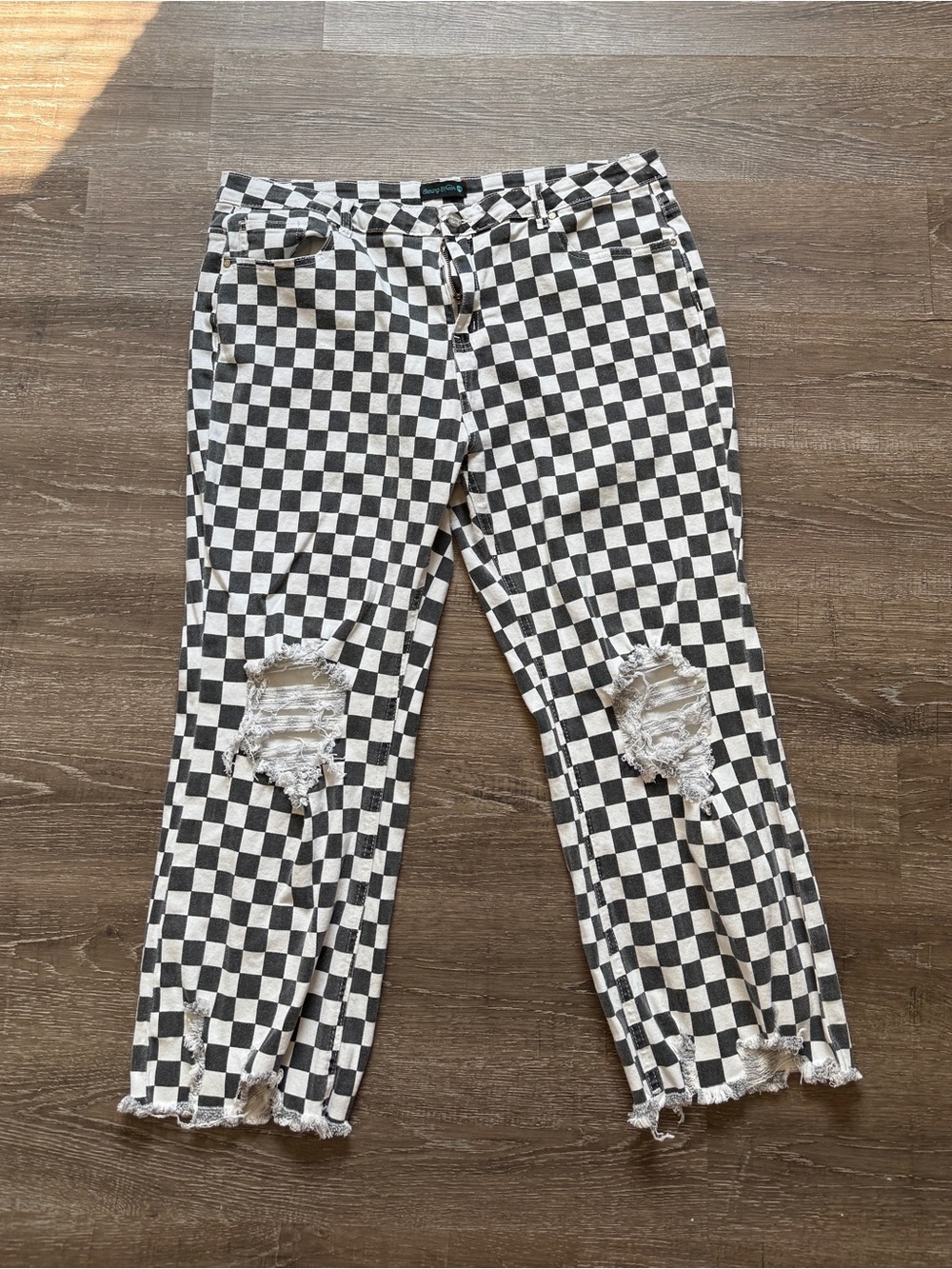 Black & White Checkered Cropped Jeans with Distressed Knees
